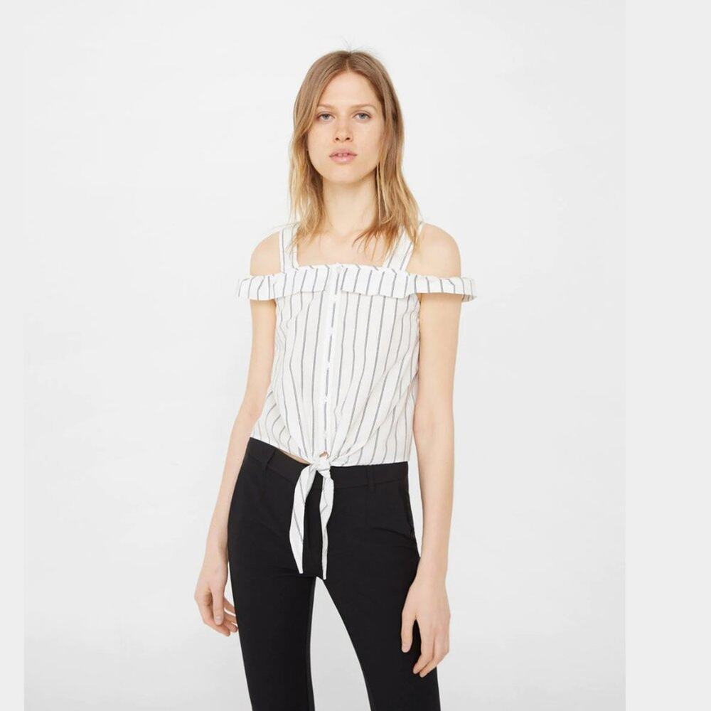 Mango White Black Striped Ruffled Cami Button-up Top Tank Blouse Womens M